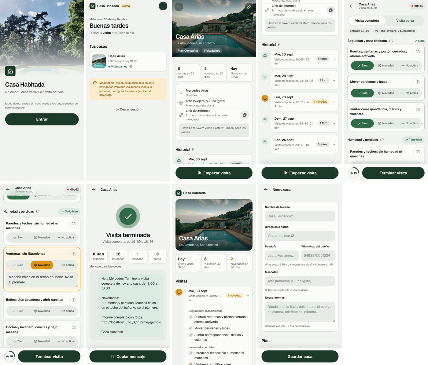 Pantallas de la app Casa Habitada: casas, historial de visitas, checklist e informe