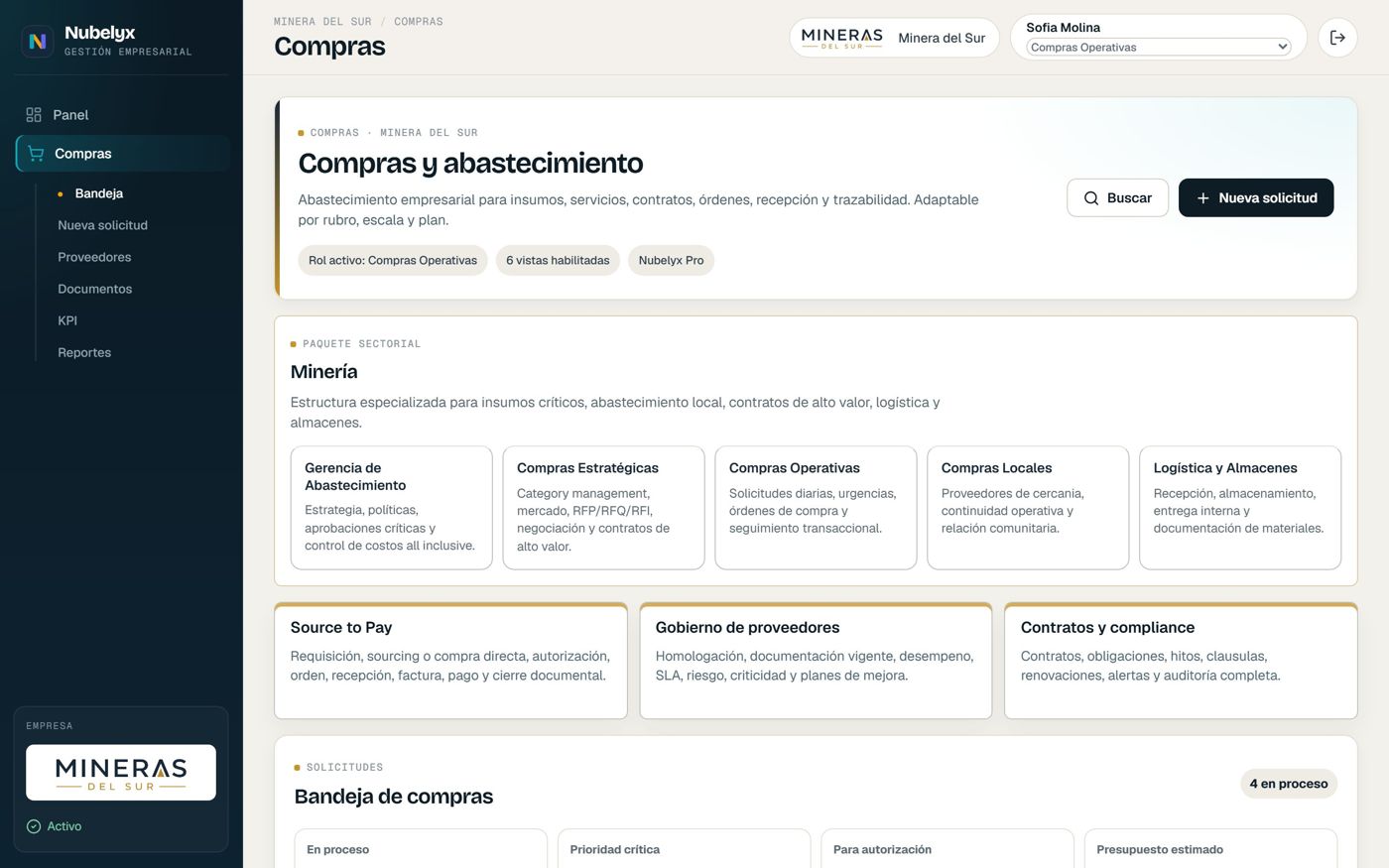 Módulo de Compras de Nubelyx con bandeja de solicitudes y paquete sectorial para minería