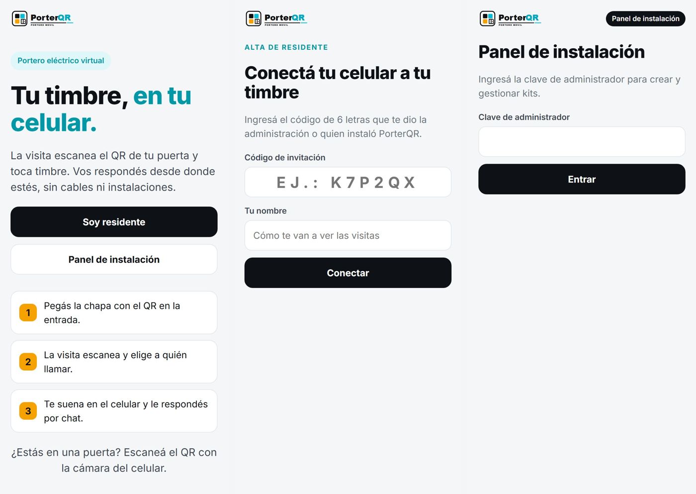 Pantallas de PorterQR: inicio, alta de residente y panel de instalación