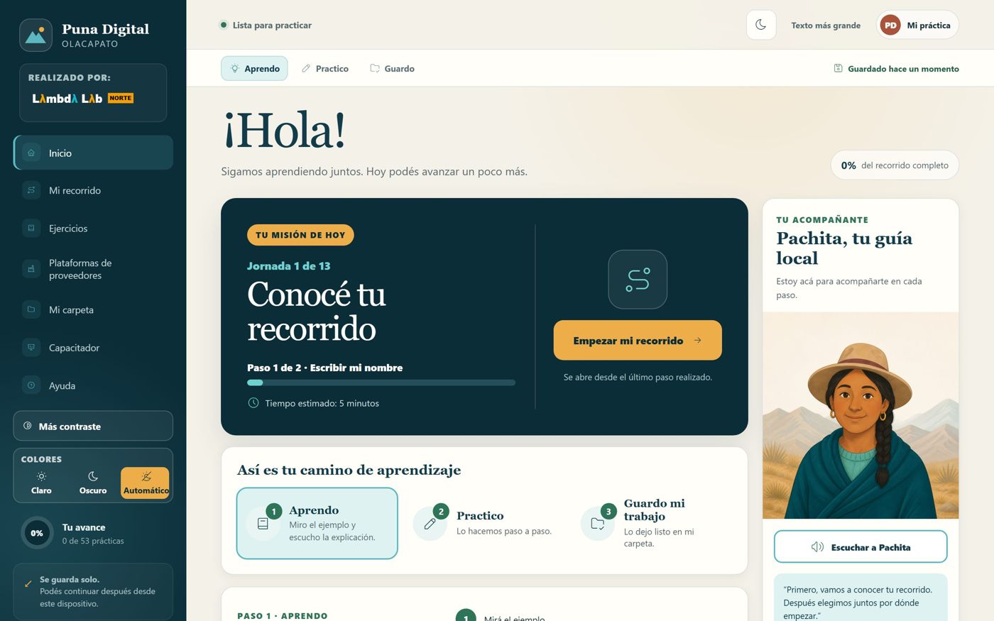 Pantalla de inicio de Puna Digital con la misión del día y la guía Pachita